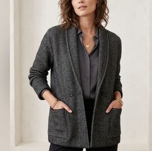 Magaschoni Black White Herringbone Blazer Jacket Size M Double Breasted NWT